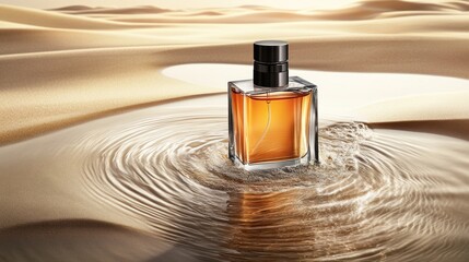 Naklejka premium A fragrance bottle resting in water amidst a desert landscape