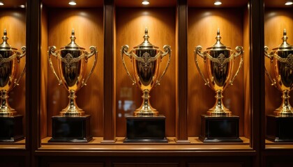 Gold trophies on display in wooden display case