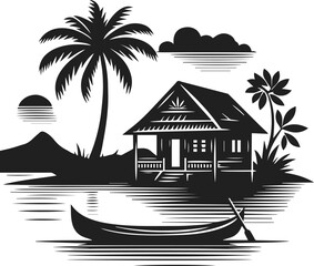 Neat and clean black color silhouette of hut, village hut vector art, hut house vector art, hut tree valley vector with palm tree and trees, river and canoe, native house, home vector design elements