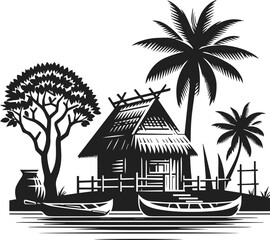 Neat and clean black color silhouette of hut, village hut vector art, hut house vector art, hut tree valley vector with palm tree and trees, river and canoe, native house, home vector design elements