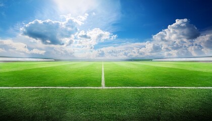 Obraz premium lush green grass of a sports stadium pitch under a bright sunny day with fluffy clouds