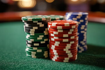 Poker chips scattered across a green table during an intense game.