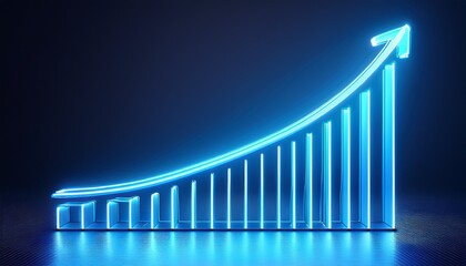 neon blue glowing up arrow chart on dark background growth and success concept 3d illustration
