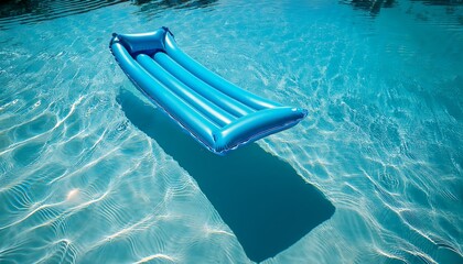 blue inflatable lounge mattress floating on turquoise water in swimming pool top view summer relaxation and vacation concept