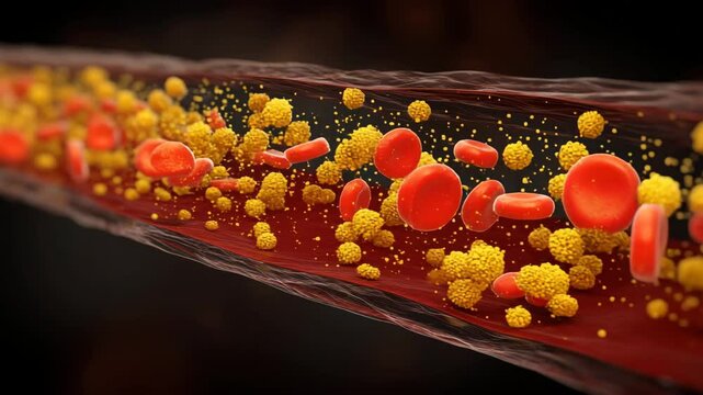 animation of blood cell flow with blood fat in the artery