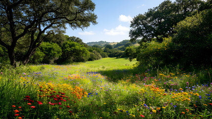 Naklejka premium Colorful Meadow Filled With Wildflowers Under Sunny Sky