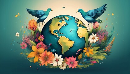 planet earth with flowers and birds celebrating earth day