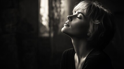 Monochromatic serenity: A woman in contemplation, bathed in gentle light