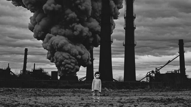 Eerie black-and-white video still of a child in a mask standing in front of smoking industrial towers, captured from a low-angle perspective. Live desktop wallpaper.