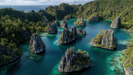 Fototapeta premium Aerial shot of Raja Ampat's turquoise waters, limestone formations, and lush isles.