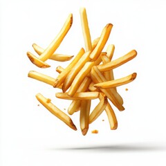 Freshly Cooked French Fries Falling in Air Against White Background