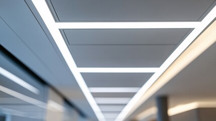 Obraz premium Modern recessed lighting system with linear led strips in a commercial space.