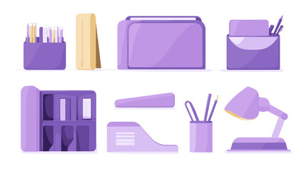 Purple Office Supplies and Stationery Set on White Background