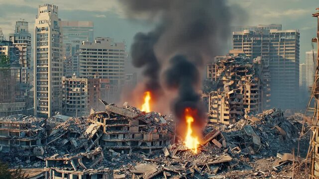 Urban landscape showcasing extensive destruction with crumbled buildings and fires burning amidst the debris of modern city.