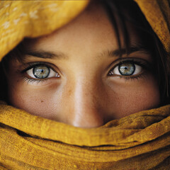 Fototapeta premium closeup portrait of child with expressive eyes and textured scarf, detailed gaze and natural emotion in cultural fabric, intense and authentic face close up with traditional clothing 