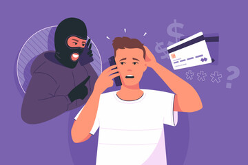 Fraudster calls victim on phone. Stealing money from bank account. Telephone fraud. Scammer is trying to find out the card's PIN code via a smartphone. Vector illustration.