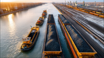 Coal barges on river near industrial terminal at sunrise, showcasing logistics and transportation