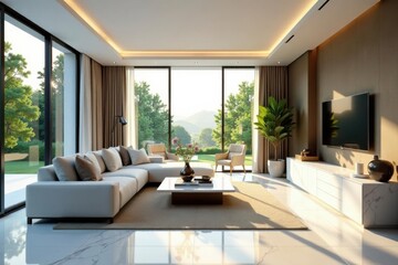 Fototapeta premium Elegant living space with floor-to-ceiling windows and marble countertops, luxury apartment, contemporary style