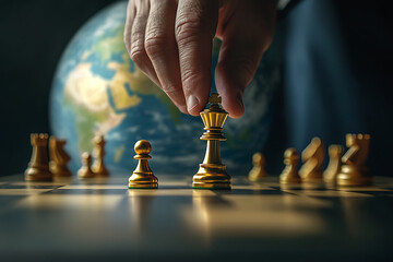 Strategic Global Business Move: A Hand Places Gold King Chess Piece on Board, Earth Globe in Background, Symbolizing Worldwide Leadership and Competition in a High-Stakes Game of International 