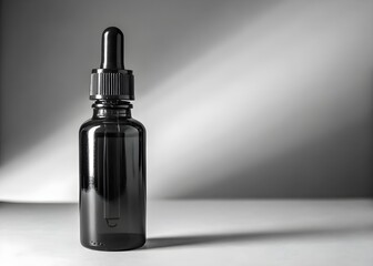 Elegant Black Dropper Bottle for Skincare & Essential Oil Packaging – Minimalist Glass Container with Shiny, Reflective Surface for Professional Cosmetic, Pharmaceutical, and Wellness Product Photogra