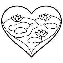 Pond with lily pads in heart shapes line art vector