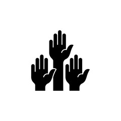 Vector illustration of three hands raised in the air. Represents concepts such as volunteering, voting, participation, support, or collaboration