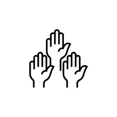 Vector illustration of three hands raised in the air. Represents concepts such as volunteering, voting, participation, support, or collaboration