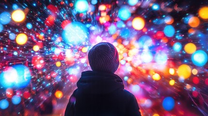 A person is observing a colorful explosion of lights and color