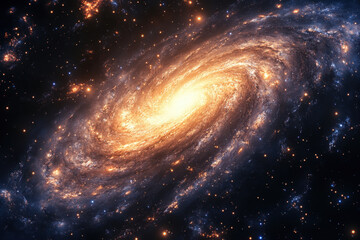 Spiral galaxy displaying vibrant arms, studded with glittering stars and a bright core, against a deep, dark backdrop of space.