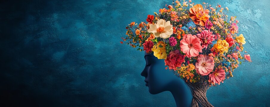 Human brain tree with flowers, self care and mental health concept, positive thinking, creative mind Generative AI