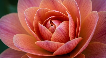 Abstract close-up of a flower, showing layered petals in warm shades of orange and pink, creating a soft, inviting floral image.