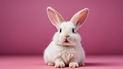 Obraz premium A white rabbit with large ears and wide, expressive eyes is pictured against a pink background.