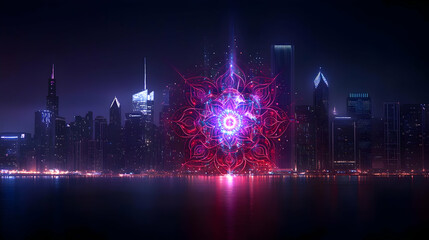 Abstract Glowing Sphere Over Night Cityscape