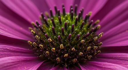 Obraz premium Close-up of a vibrant purple daisy with a dark green center, showcasing intricate textures and golden pollen details.