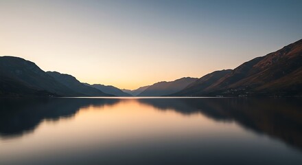 Serene sunset over a still lake surrounded by silhouetted mountains, reflecting the warm light on the calm water.