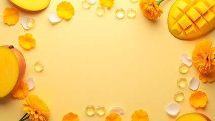 A yellow background with a mango and flowers