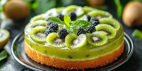 Freshly made fruit cake topped with kiwi and blackberries on a dark background
