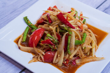 Som tum in Thai. The famous local Thai street food dish with the taste of hot and spicy, Thai papaya salad