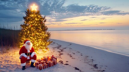 Santa sitting next a glowing Christmas tree on a quiet beach at dusk with wrapped presents arranged neatly in the sand