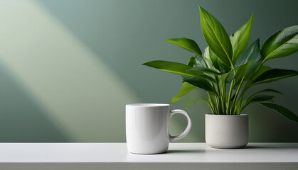 White mug on a table with a green plant