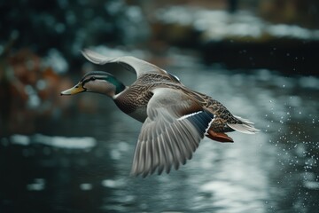 Duck in flight over water wings spread nature wildlife animal bird.