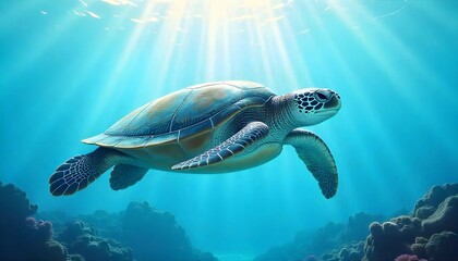 Obraz premium Majestic Sea Turtle Gracefully Gliding Through Ocean Depths