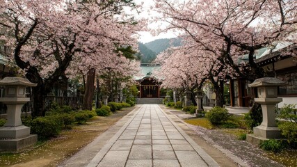 A Japanese temple entrance lined with cherry blossoms in full bloom.