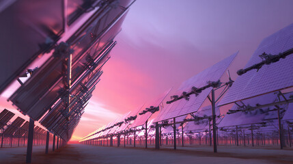 Solar panels on trackers at sunset, showcasing renewable energy innovation and sustainability