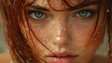 Close-up Portrait of a Woman with Wet Hair and Freckles