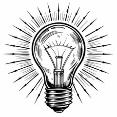 Vintage Light Bulb Illustration with Radiating Lines in Black and White Design