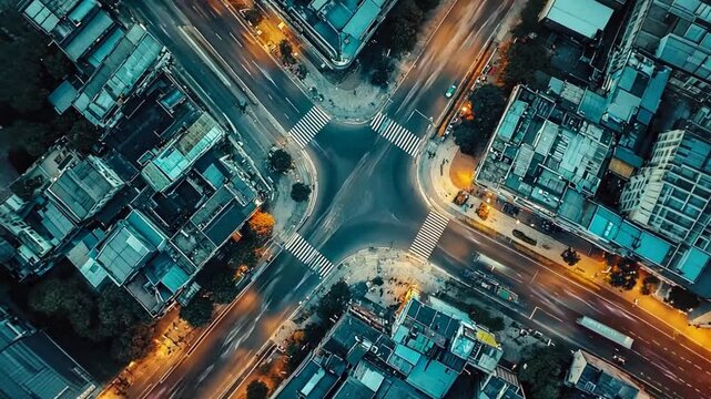 Aerial view of a bustling urban intersection at dusk, showcasing vibrant city life and traffic movement