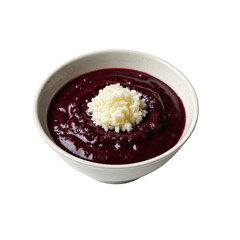 A bowl of vibrant purple a&ccedil;a&iacute; topped with creamy coconut flakes, a delightful Brazilian treat in soft, natural light. transparent background.