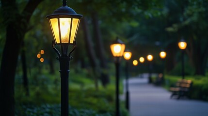 Park pathway illuminated by vintage-style lampposts at twilight.