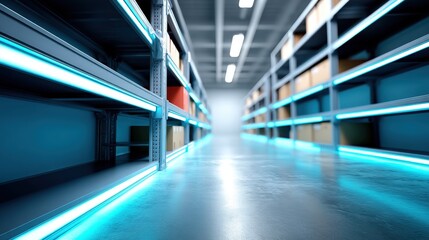 Obraz premium A modern warehouse aisle illuminated by cool blue lights, featuring metal shelves with various boxes, creating a spacious and organized environment.